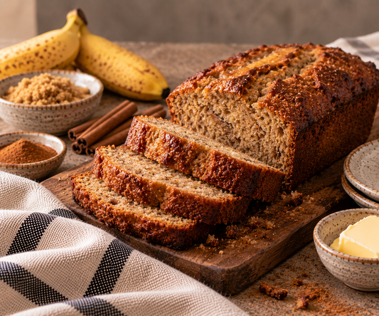 Freshly sliced banana and mixed spice loaf displayed on a rustic wooden board, featuring a golden-brown crust, soft crumb, and warm natural lighting.
