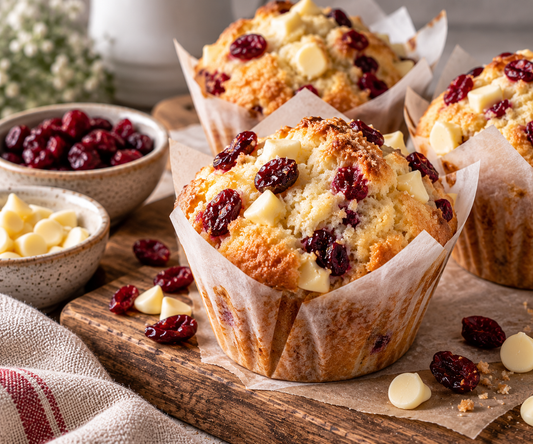 Vanilla, Cranberry and White Chocolate Muffins